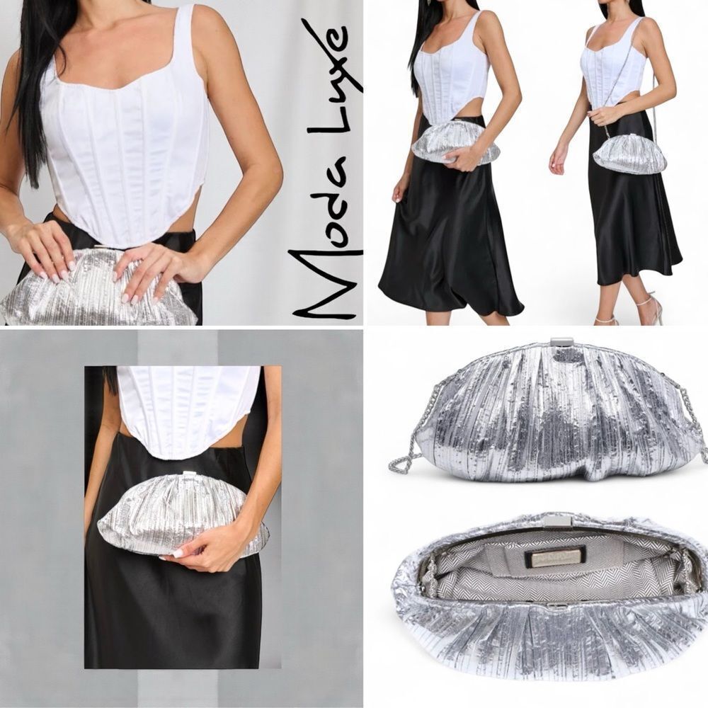 Moda Luxe l Rare l Silver Clutch, Purse, Bag l Removable Chain Strap l NWT - Picture 10 of 14